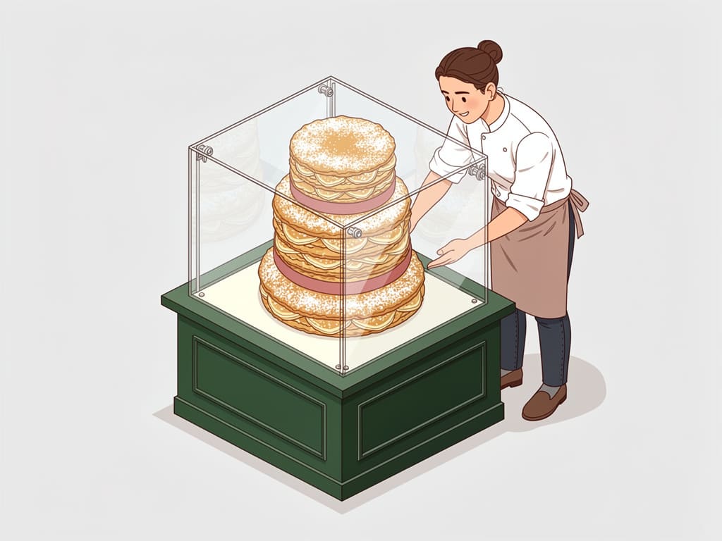 Pasticcere che dispone una torta millefoglie nella vetrina del negozio