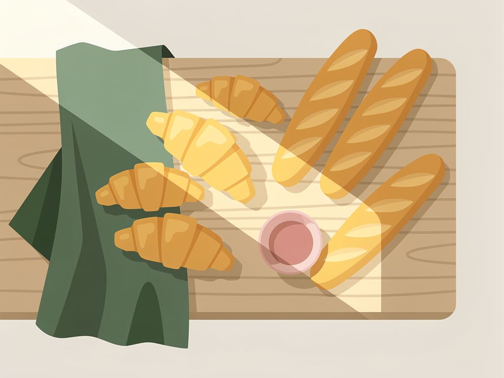 Croissant e baguette appena sfornati su un bancone di legno