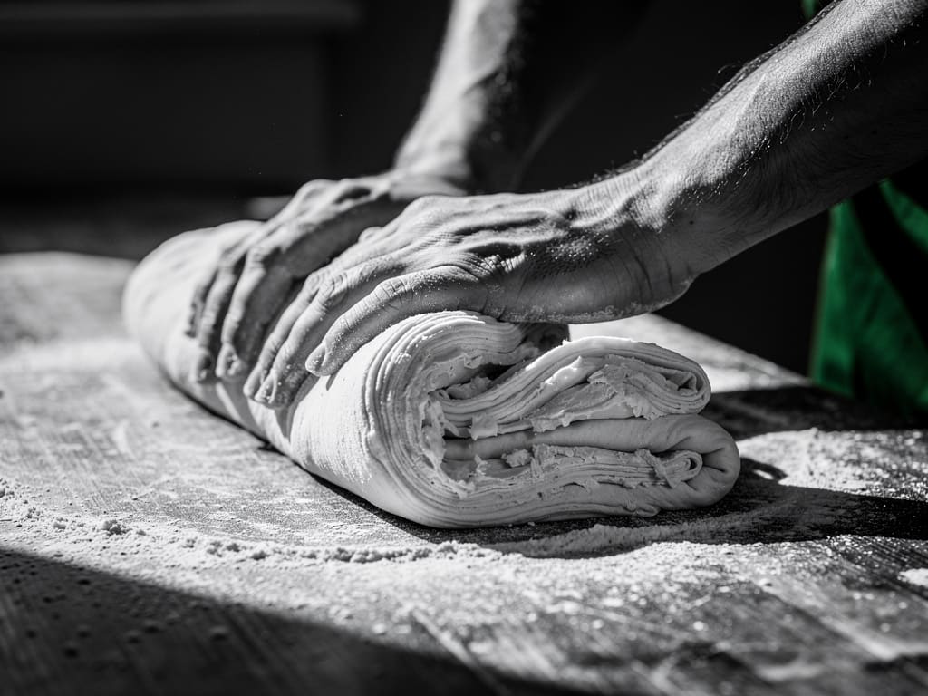 Mani di un panettiere mentre laminano la pasta del croissant