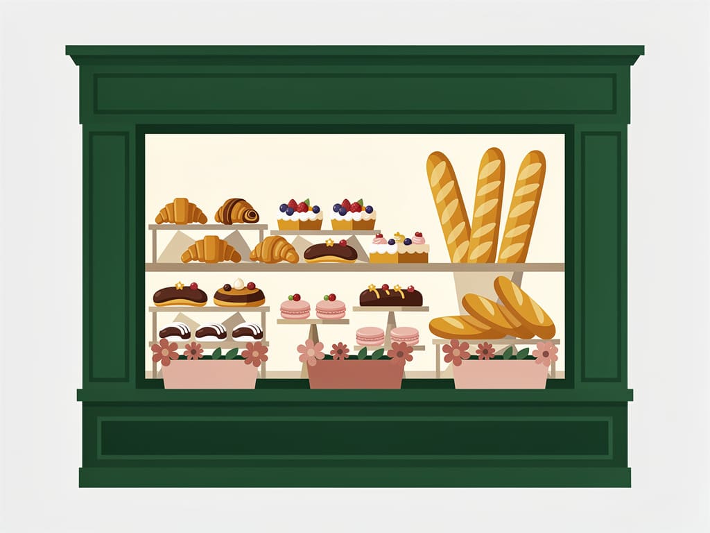 Assortimento di viennoiserie e baguette in vetrina
